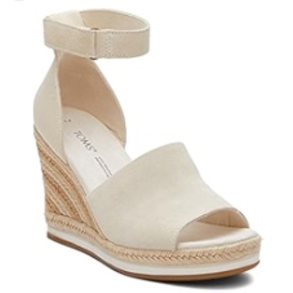 TOMS Marisol Beige Suede/Linen Ankle Strap Espadrille Wedge Sandals NWOB - Picture 2 of 9